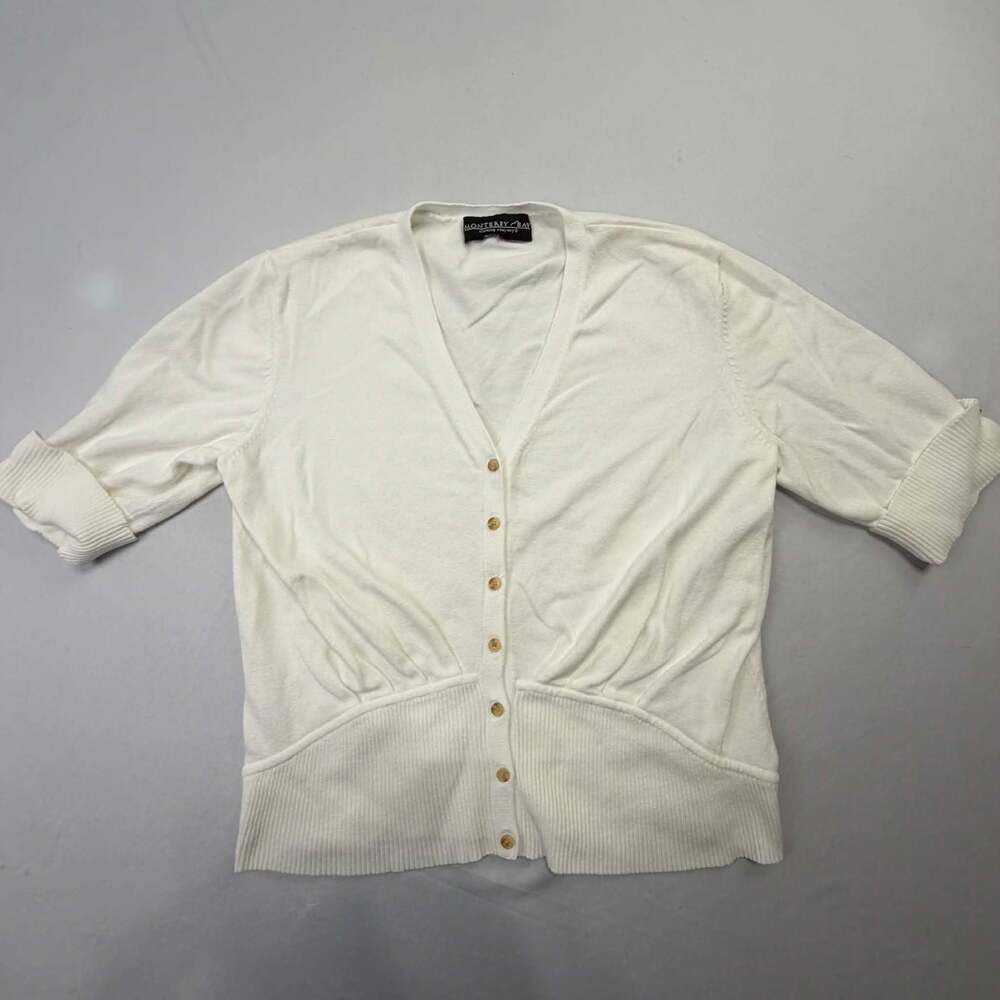 Monterey Bay Clothing Company White Short Sleeve Button Front Ribbed Hem Cardiga